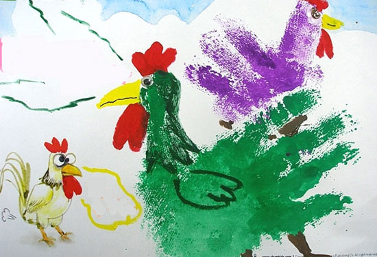 幼儿园大班美术教案：用手掌来画公鸡